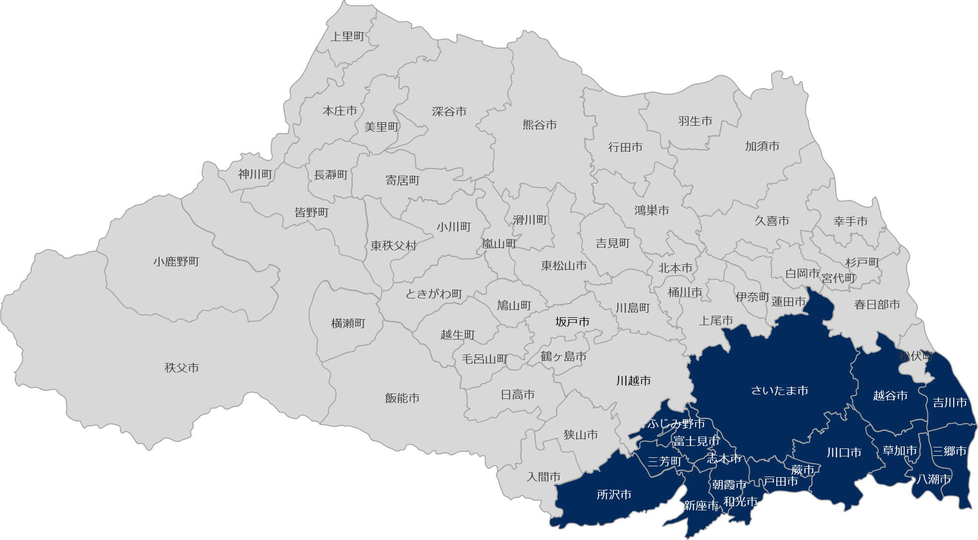 LPPの埼玉県における対応エリアマップ。さいたま市、川口市、川越市など南東部が中心に示されている。
