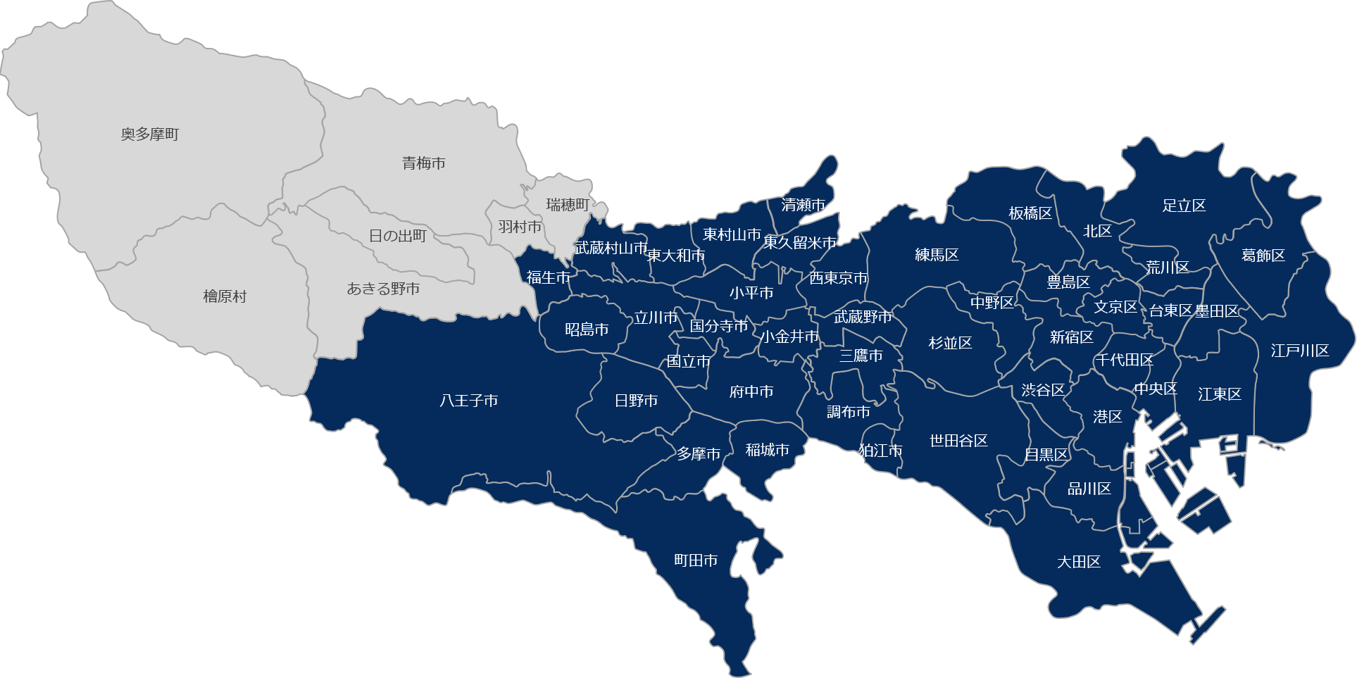 LPPの東京都における対応エリアマップ。23区全域と多摩地域の主要都市が示されている。