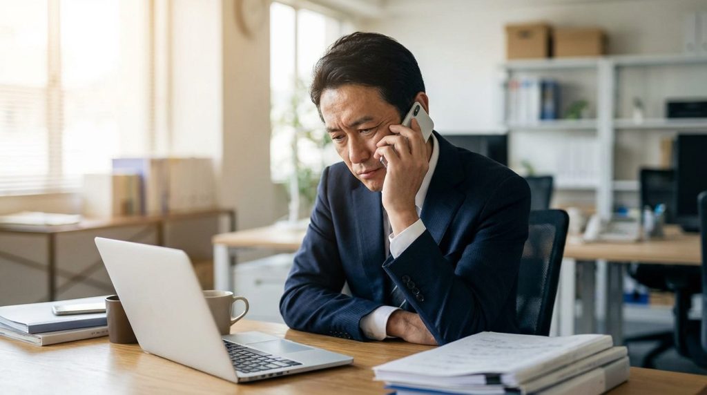 忙しそうに仕事をしながらスマホを確認する会社員オーナーのイメージ画像