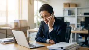 忙しそうに仕事をしながらスマホを確認する会社員オーナーのイメージ画像