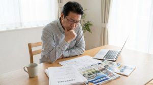 管理会社の契約書を前に考え込むオーナー