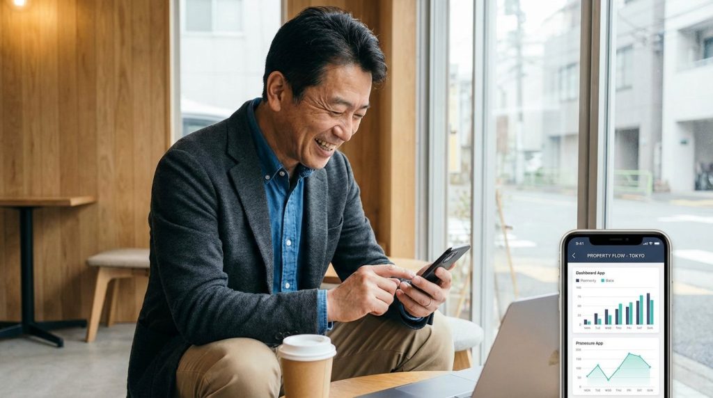 スマホアプリで物件情報を確認するオーナーのイメージ