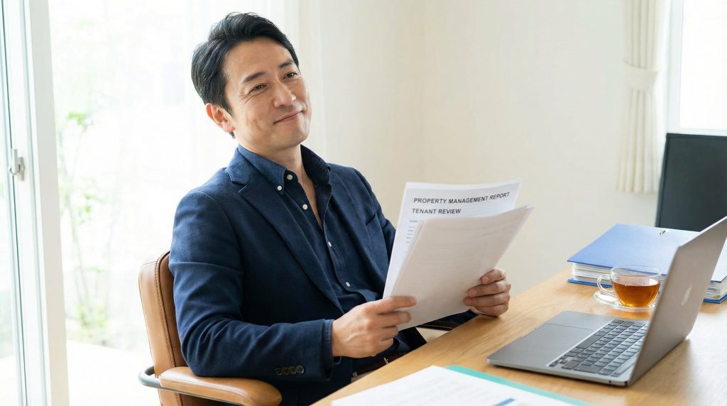 賃貸管理会社の資料を確認して安心した表情の区分マンションオーナー