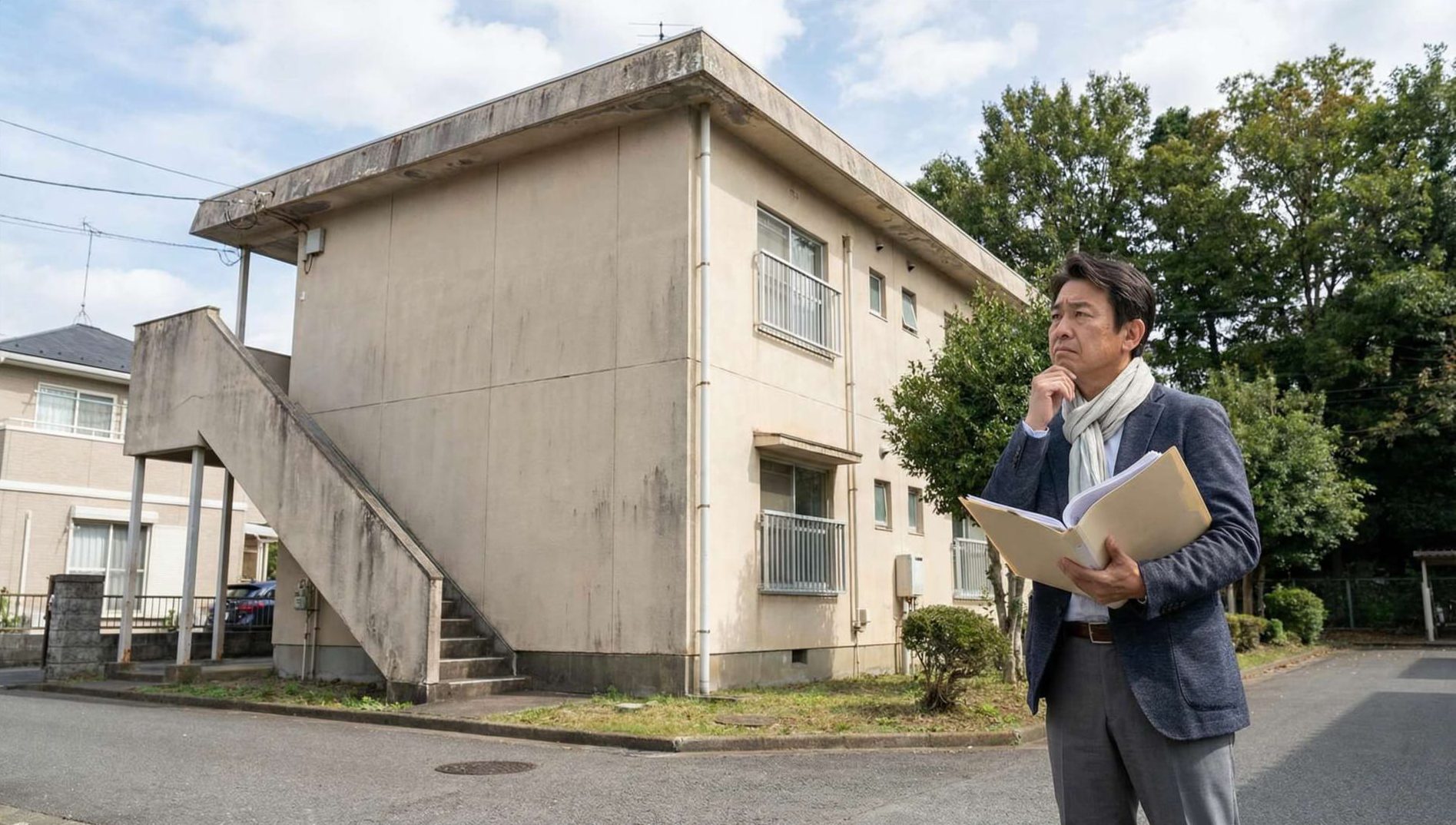 築古アパートの前に立ち、書類を持って建物を見つめる50代のオーナー
