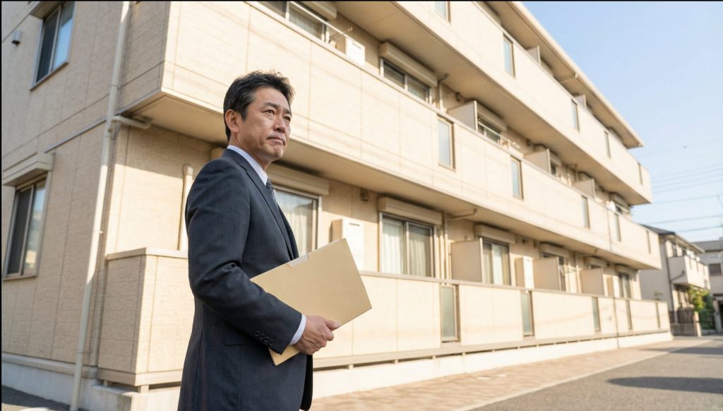 相続した賃貸物件の前で管理会社選びを検討する賃貸オーナー