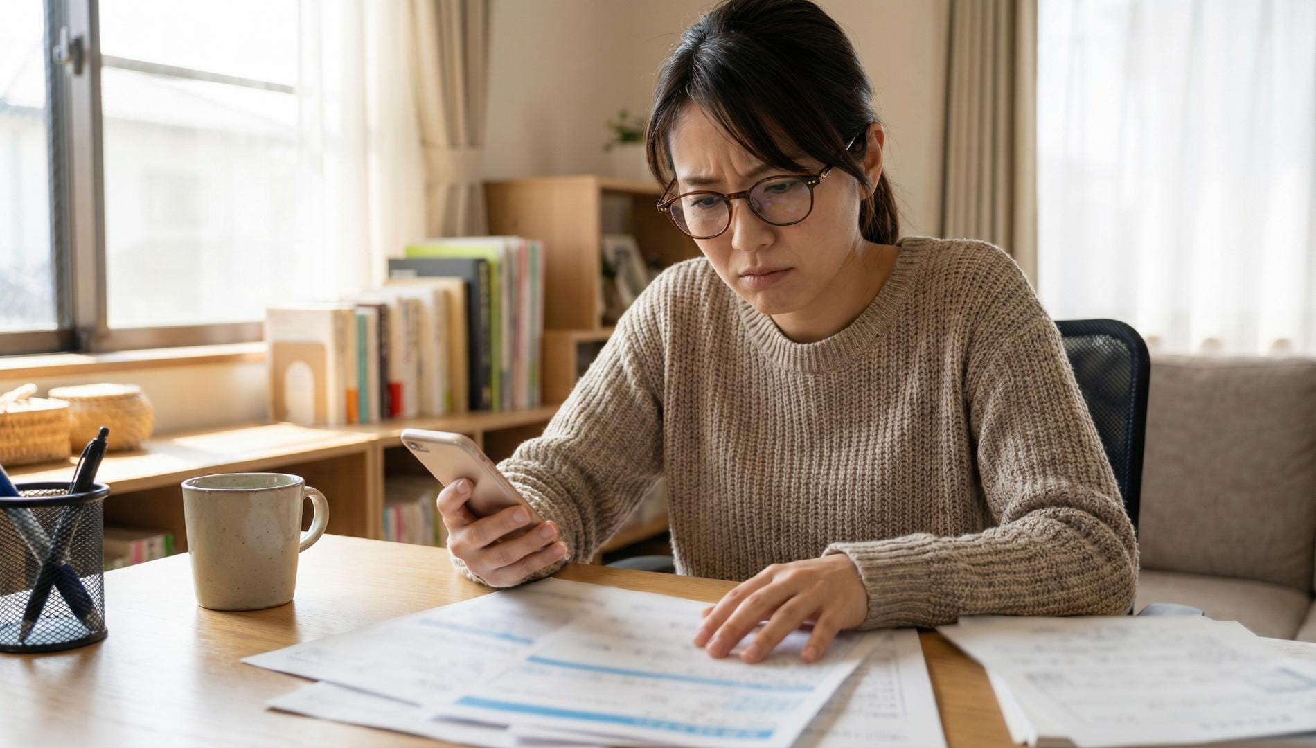 眼鏡をかけた40〜50代の日本人女性がスマートフォンを手に持ち、書類を前に困惑した表情で確認しているシーン。明るい自宅のリビングダイニングで、自然光が差し込む温かみのある室内。