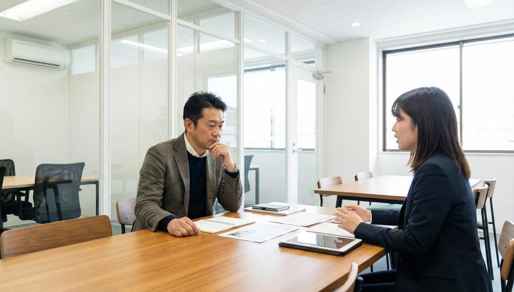 40〜50代の日本人男性オーナーが、不動産管理会社のオフィスで女性担当者と向き合って真剣に話し合っているシーン。